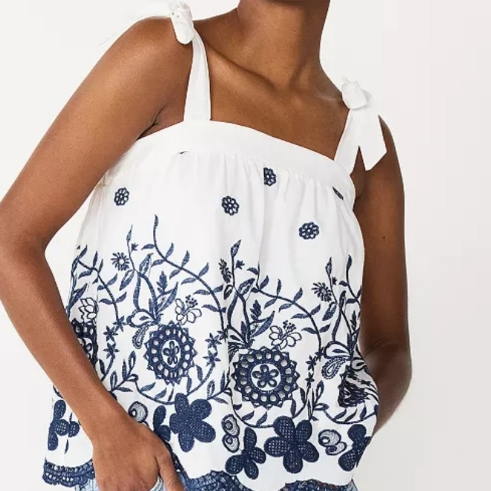 Draper James White Tank Top with Navy Blue Floral Embroidery